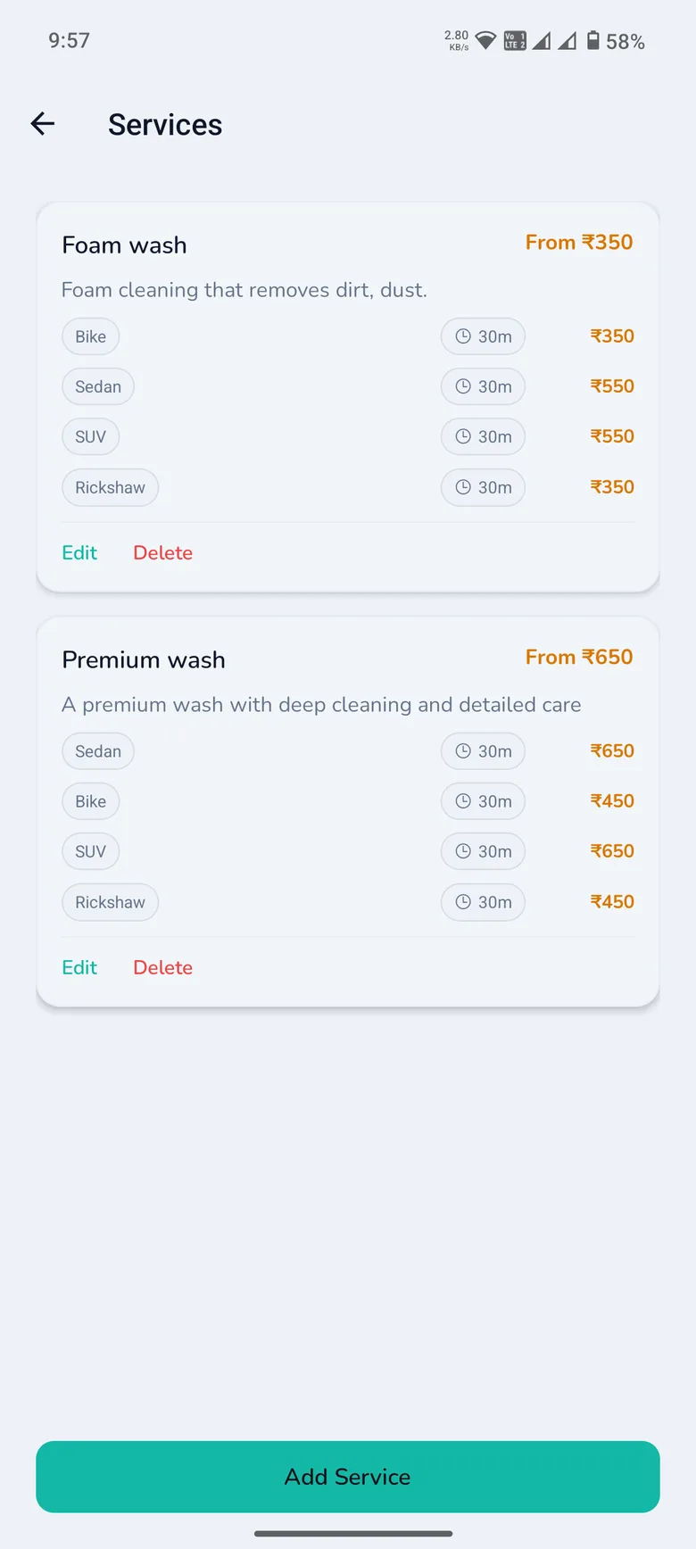 Configured services and pricing in the WashPot provider app