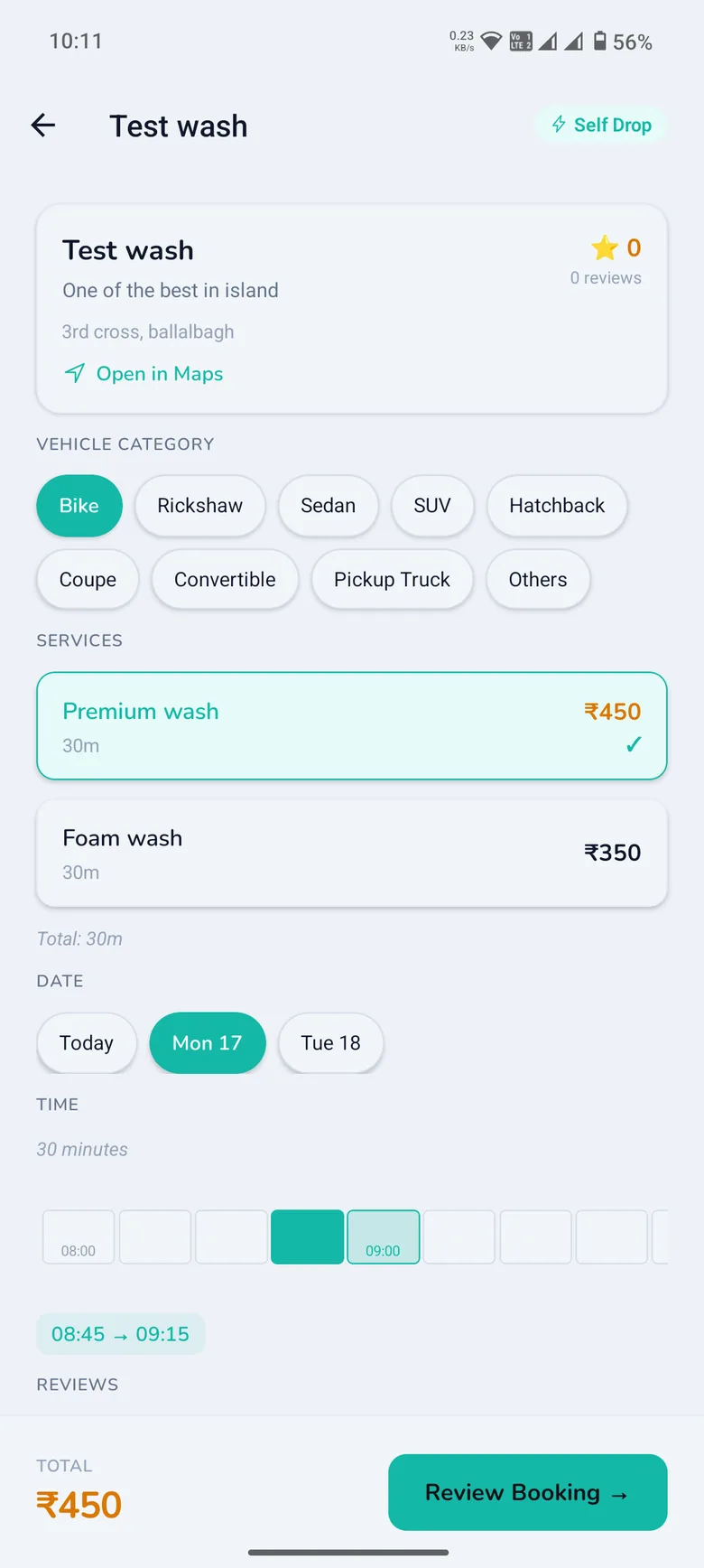 Choosing a service and time slot in the WashPot app
