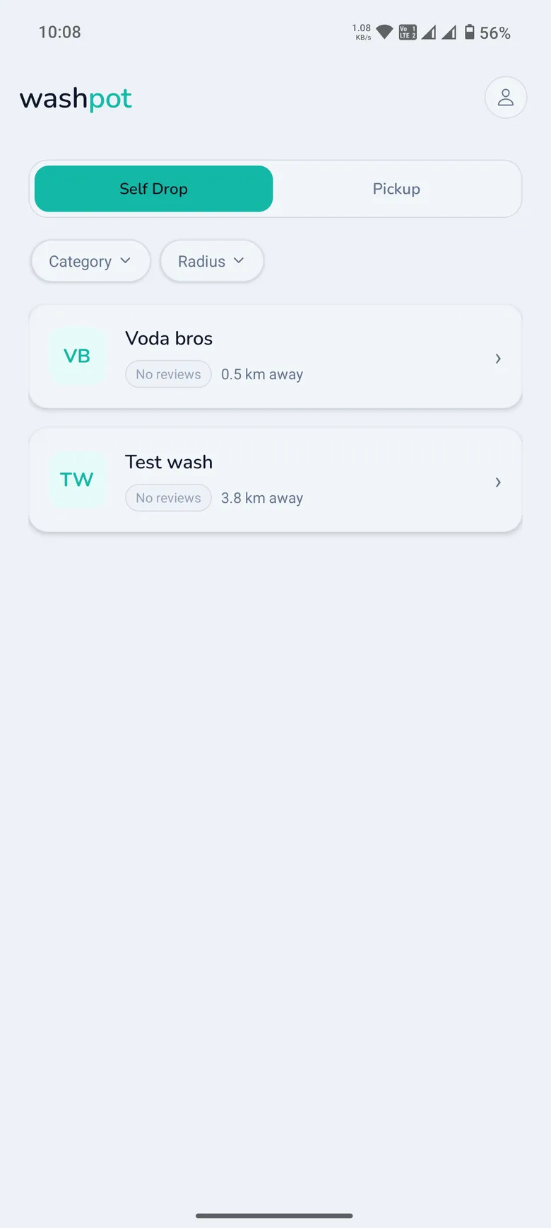 Browsing nearby wash providers in the WashPot app