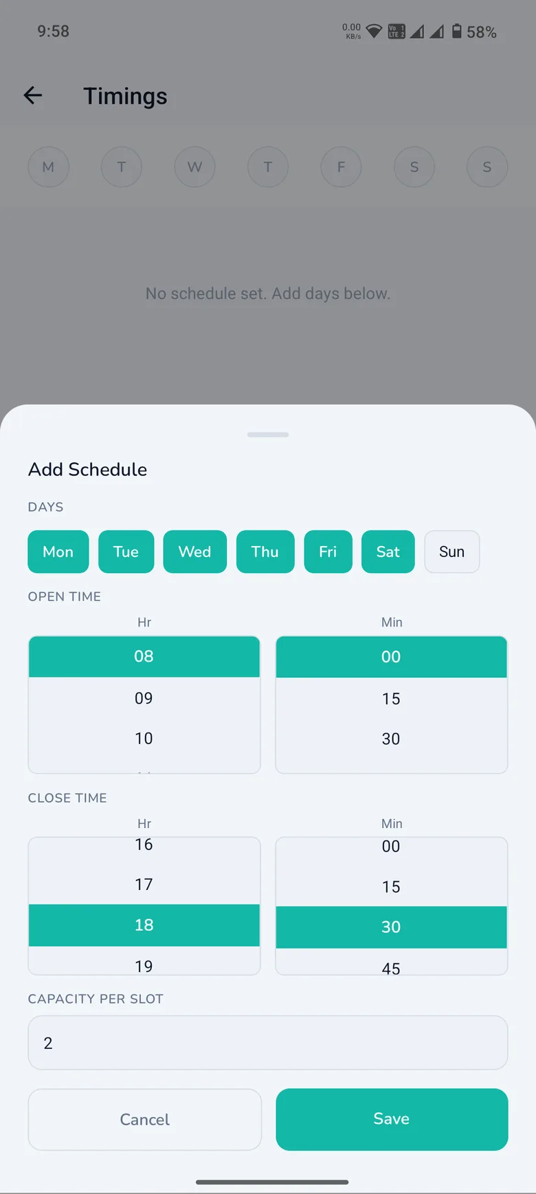 Configuring weekly operating hours in the WashPot provider app