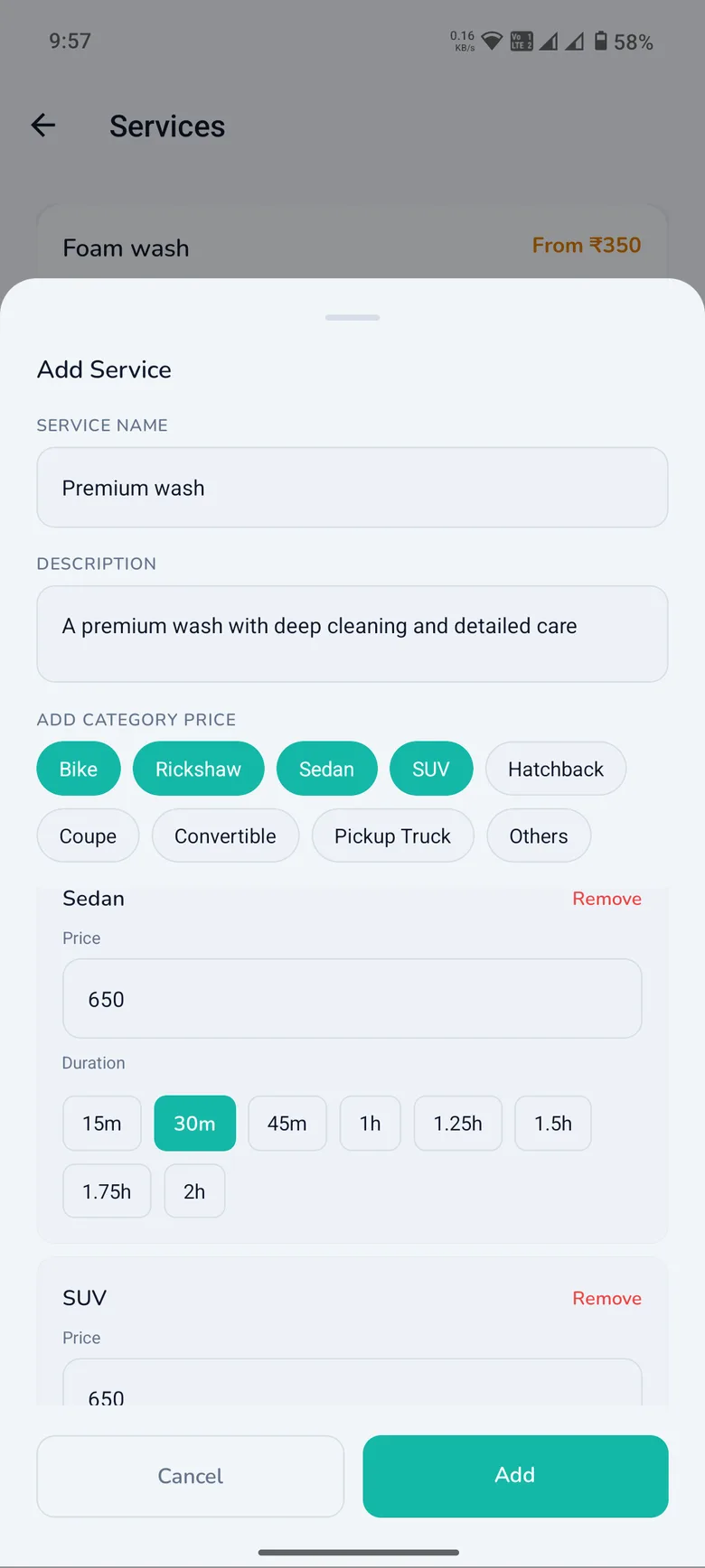 Setting up a service with per-category pricing in the WashPot provider app