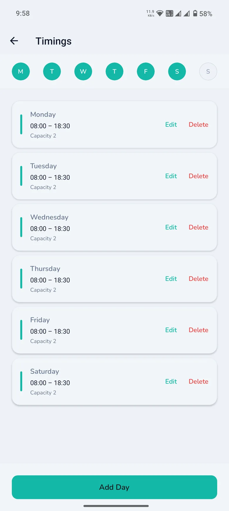 A completed weekly schedule in the WashPot provider app
